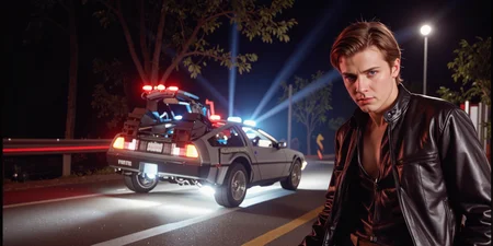 AiARTiST,movie scene,Back to the Future - The DeLorean time machine taking off from the ground,leaving a trail of light behind it.A man wearing a black leather jacket,holding a laser ***,waiting for the enemy next to the car,the camera can see the man's expression,The red and blue lights of the time machine car shone on the man's indifferent face,colorful light,The man's side face,***,