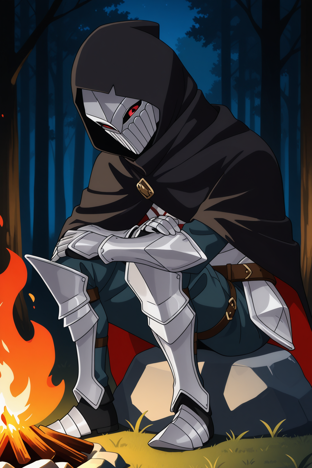 umbralknight, solo, simple background, 1boy, full body, red eyes, male focus, hood, cape,  armor,  black background, gauntlets, mask, cloak, hood up, hooded cloak, anime_coloring, anime_screencap,
BREAK
sitting, sitting on rock, arm on knee,
BREAK
outside, forest, bonfire, night
BREAK
masterpiece,best quality,absurdres,very aesthetic,perspective, <lora:umbralknight_IL_Lora_v1:1>  <lora:Lune_soft_style:1>