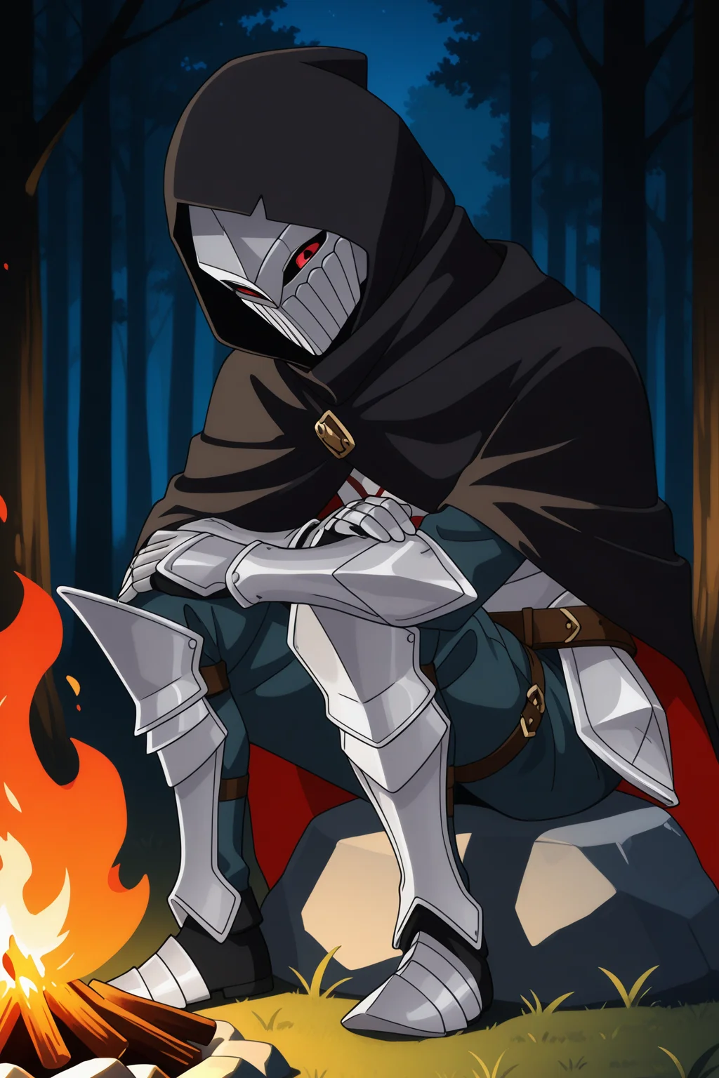 umbralknight, solo, simple background, 1boy, full body, red eyes, male focus, hood, cape, armor, black background, gauntlets, mask, cloak, hood up, hooded cloak, anime_coloring, anime_screencap,
BREAK
sitting, sitting on rock, arm on knee,
BREAK
outside, forest, bonfire, night
BREAK
masterpiece,best quality,absurdres,very aesthetic,perspective, <lora:umbralknight_IL_Lora_v1:1> <lora:Lune_soft_style:1>