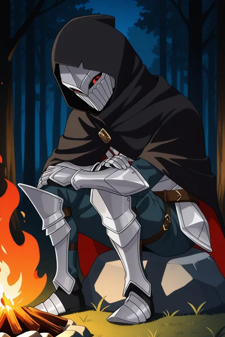 umbralknight, solo, simple background, 1boy, full body, red eyes, male focus, hood, cape, armor, black background, gauntlets, mask, cloak, hood up, hooded cloak, anime_coloring, anime_screencap,
BREAK
sitting, sitting on rock, arm on knee,
BREAK
outside, forest, bonfire, night
BREAK
masterpiece,best quality,absurdres,very aesthetic,perspective, <lora:umbralknight_IL_Lora_v1:1> <lora:Lune_soft_style:1>