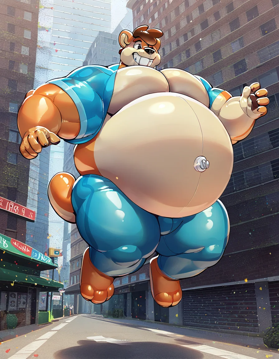 score_9, score_8_up, score_7_up, score_6_up, score_5_up, score_4_up, by kilinah, chipmunk, anthro, male, sciurid, ground squirrel, clothed, detailed background, city street, inflating, floating, living inflatable, muscle growth, thigh expansion, belly expansion, navel nozzle, permagrin <lora:MaleInflationXL-03-Pony-e10:1>