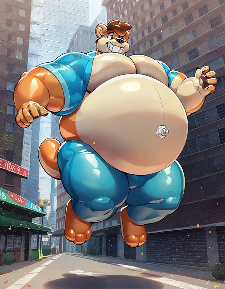 score_9, score_8_up, score_7_up, score_6_up, score_5_up, score_4_up, by kilinah, chipmunk, anthro, male, sciurid, ground squirrel, clothed, detailed background, city street, inflating, floating, living inflatable, muscle growth, thigh expansion, belly expansion, navel nozzle, permagrin <lora:MaleInflationXL-03-Pony-e10:1>