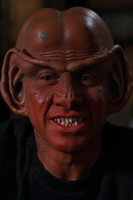 A hyper-realistic portrait, photorealistic photo close-up image of A bald ferengi wit sharp teeth smiling (photography, high-resolution, dynamic, energetic,hyper-realistic, dramatic lighting, shallow depth of field.)<lora:aidmaMJ6.1-FLUX-V0.1:0.6><lora:Movie_Portrait><lora:Flux DetailerV2><lora:ferengiV1_FLUX:1.3>