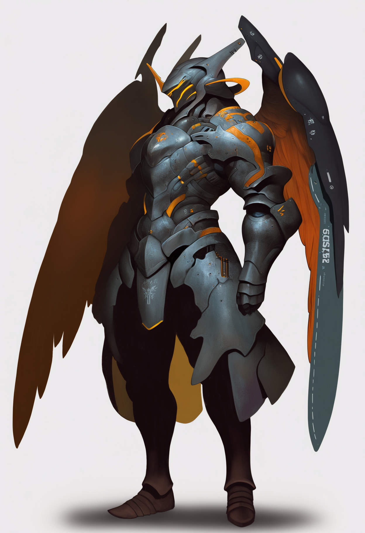 best quality, amazing quality, very aesthetic, absurdres,
1boy, helmet, armor, breastplate,
grieves, gauntlets, mechanical, robot, wings,
full body, solo, standing, white background, simple background,  <lora:KyoungHwanKimNoobLocon_byKonan:1>