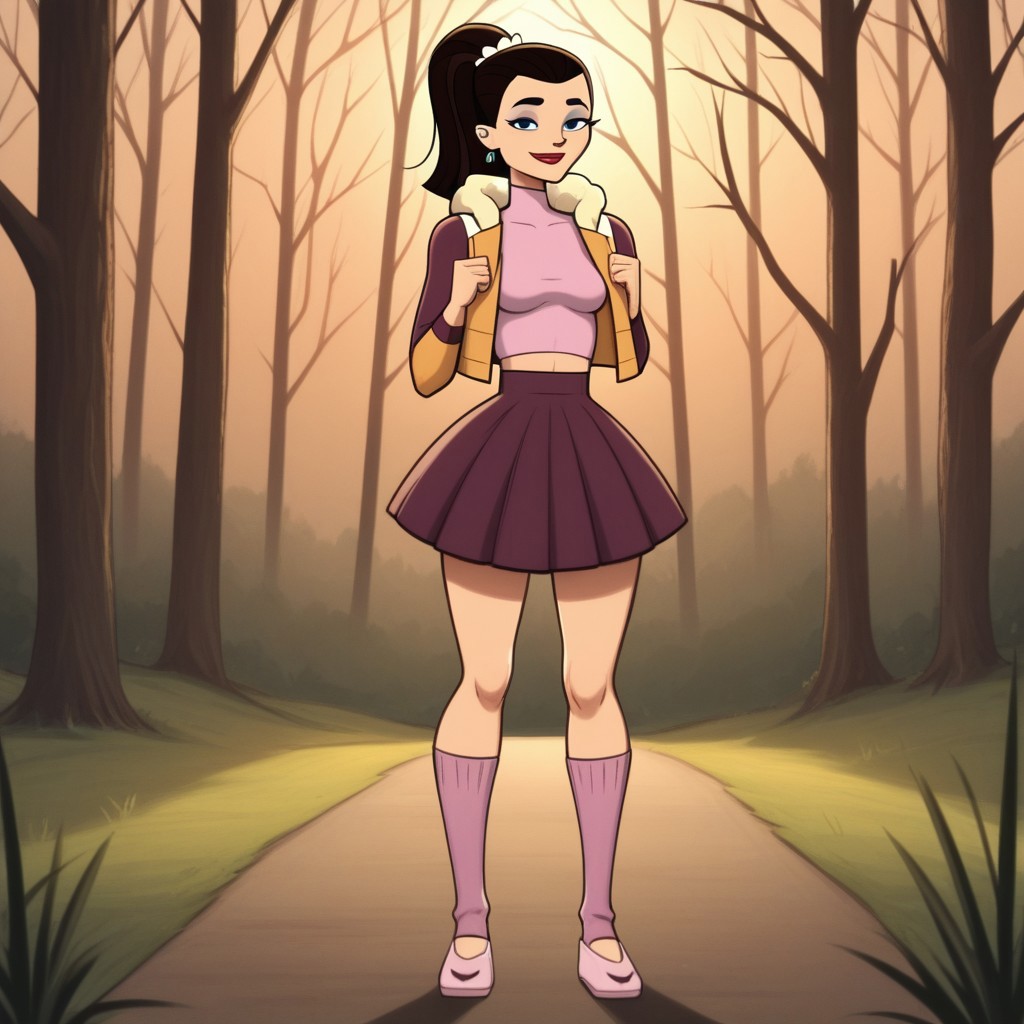 score_9, score_8, BREAK, solo, crop top, long sleeves undershirt, sleeveless mini jacket, 1girl, skirt, slippers, toeless legwear, dark brown hair, ponytail, blue eyeshadow, lipstick, makeup, earrings, black eyes, breasts, total drama, Josee_(Total_Drama), tdtrr, sexy pose, smile, outdoors, sunlight, shadows, evening lighting, natural lighting, forest, trees, grass, orange sky, sunset
