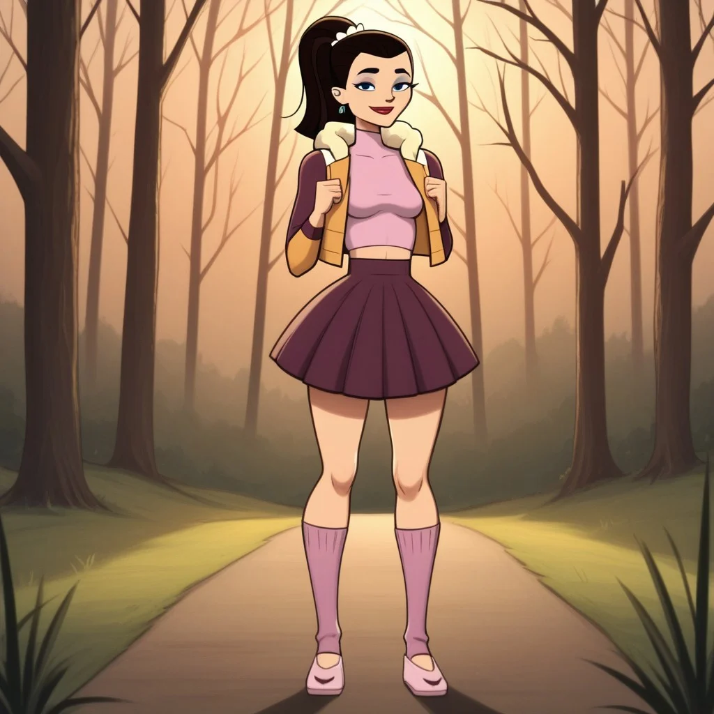 score_9, score_8, BREAK, solo, crop top, long sleeves undershirt, sleeveless mini jacket, 1girl, skirt, slippers, toeless legwear, dark brown hair, ponytail, blue eyeshadow, lipstick, makeup, earrings, black eyes, breasts, total drama, Josee_(Total_Drama), tdtrr, sexy pose, smile, outdoors, sunlight, shadows, evening lighting, natural lighting, forest, trees, grass, orange sky, sunset