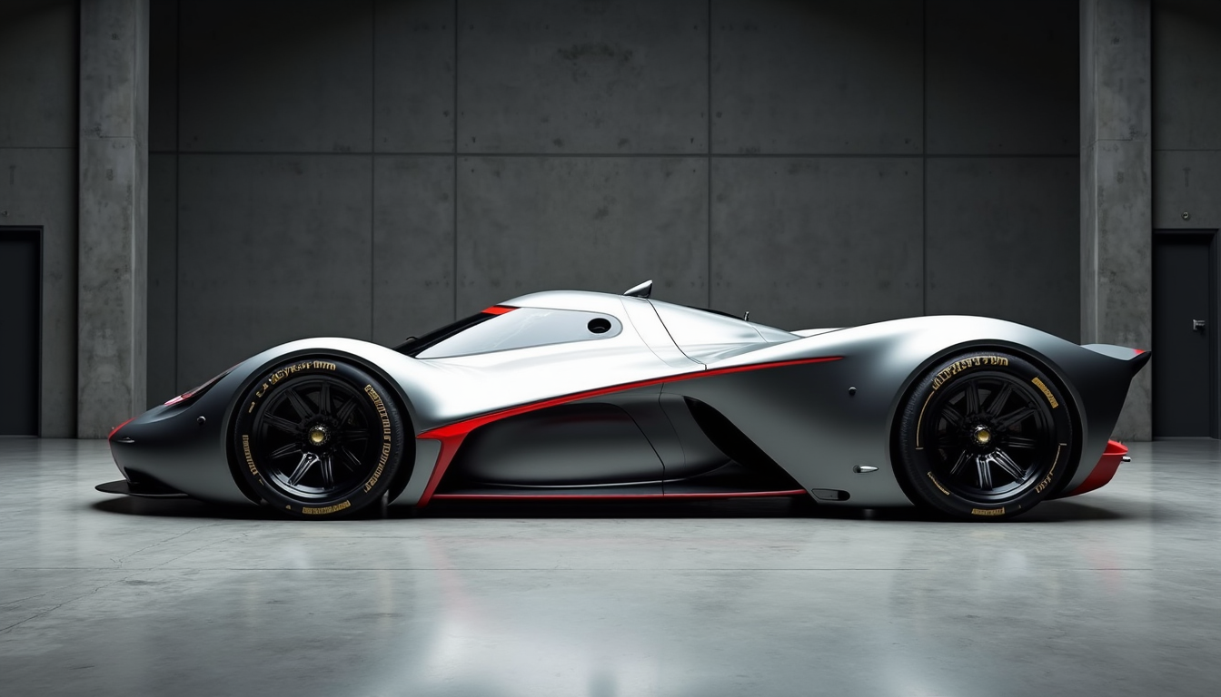 A picture of a futuristic race car prototype similar to a Chaparral 2E sports yfg-sde in a concrete studio with dark walls. Perpendicular shot from the side.