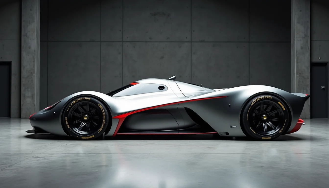 A picture of a futuristic race car prototype similar to a Chaparral 2E sports yfg-sde in a concrete studio with dark walls. Perpendicular shot from the side.