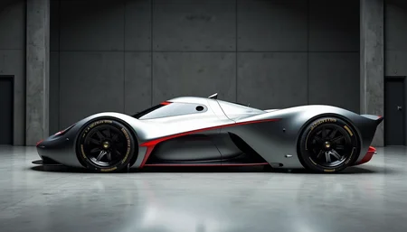 A picture of a futuristic race car prototype similar to a Chaparral 2E sports yfg-sde in a concrete studio with dark walls. Perpendicular shot from the side.