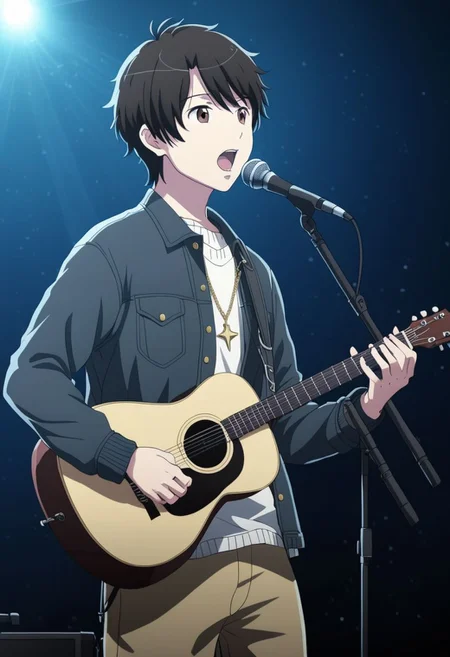 high resolution, solo, best quality, 1Boy, Inaho Kaizuka, Black Hair, Brown Eyes, singing, potrait, dept of field, virtual concert, playing musical instrument, necklace, bracelet, sneakers, OverallDetail
