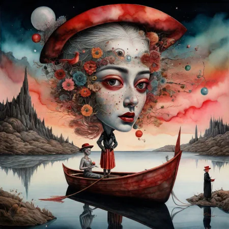watercolor of a  lowbrow art style, surreal summerscape sunset,with   Pepita  a red dada and a dede hat, holding a large dada that shields  fairytale landscape, hyperrealism, micro-details, surreal, detailing, transparent watercolor+ink, pastel shades, clear outline, stardust, incredible beautiful landscape, dark botanical,dark fantasy,multicolor,multilayer, 3d, threads, fibers, engraving, color illustration, star map, moon, volumetric, unusual fluffy flowers"couple with a  man, a bright white face, and women dark black face with red eyes looking straight at you in a boat More surrealism and madness.much more surrealism and crazy designs. With gold and cardinal red surreal Salvador Dali clouds coming out of her head.more surrealism and bizarre designs with bright vibrant colours.