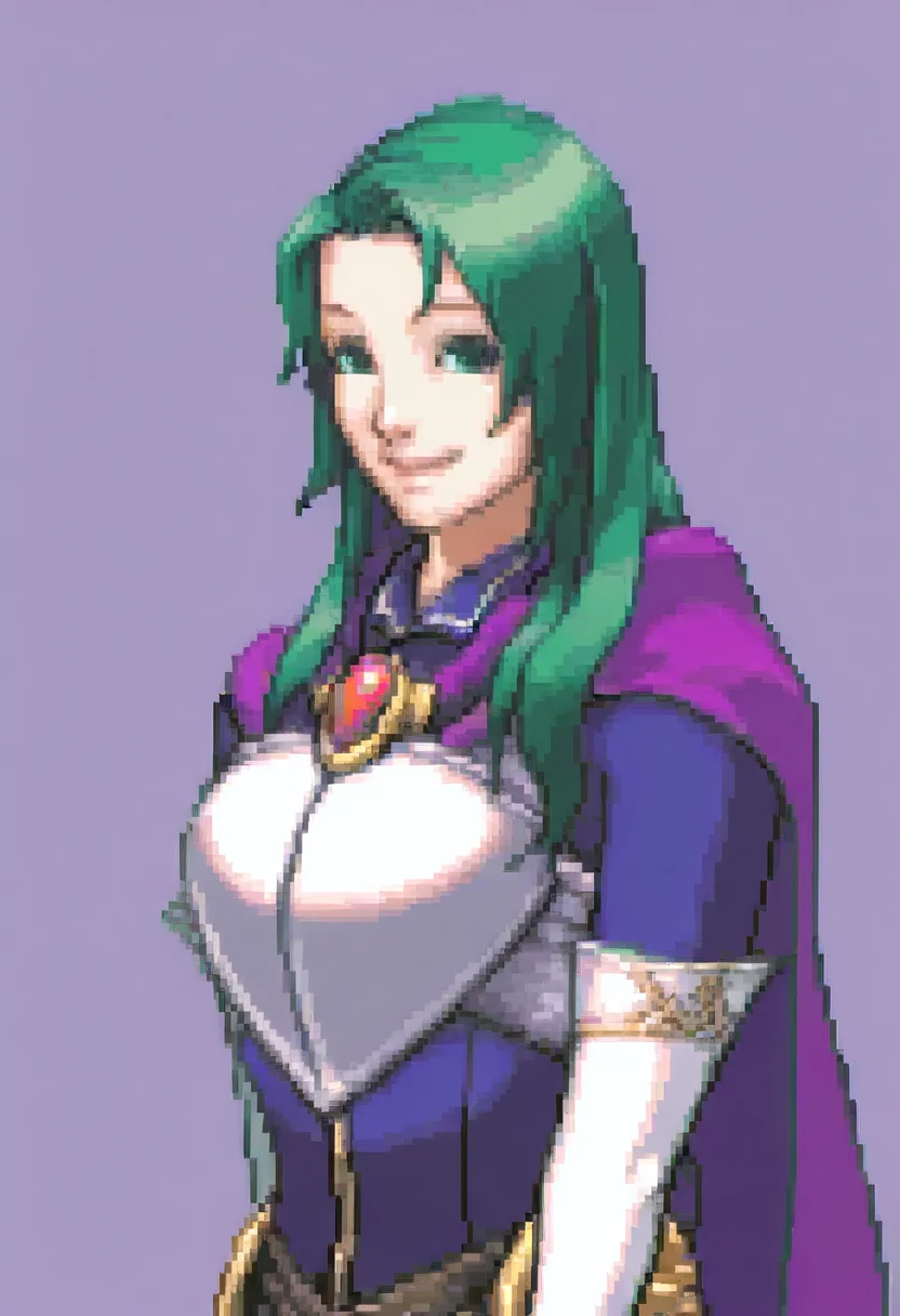 masterpiece, best quality, solo, looking at viewer, 1girl, smile, <lora:Ace-Attorney-Portraits-illus_Fp:1>, portrait, upper body, pixel art, simple background, <lora:fececilia-illu-nvwls-v1:1>, dfCla, green hair, green eyes, purple cape, brooch, armored dress, purple dress, elbow gloves, white gloves, belt,