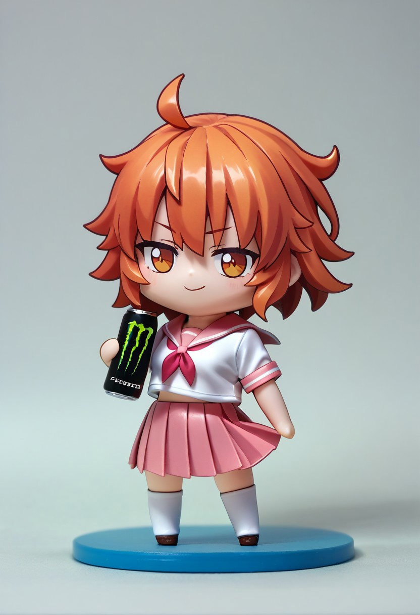 score_9, score_8_up, BREAK 1girl, fujimaru_ritsuka_(female),\(fate\), smirk, score_9, chibi, chibi girl, chibi inset, figure, small body, looking at you, standing, holding, monster energy, school uniform, serafuku, white shirt, pink sailor collar, short sleeves, pink skirt, pleated skirt, white thighhighs,