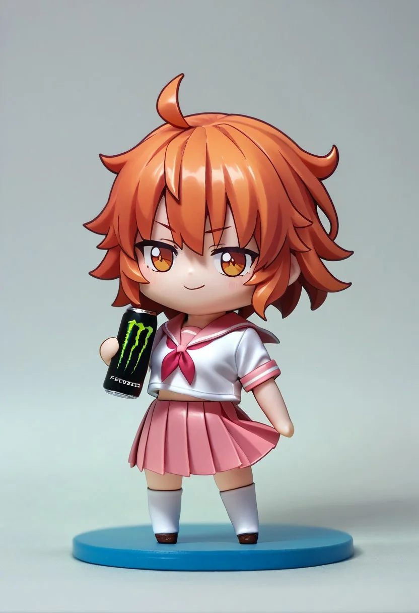 score_9, score_8_up, BREAK 1girl, fujimaru_ritsuka_(female),\(fate\), smirk, score_9, chibi, chibi girl, chibi inset, figure, small body, looking at you, standing, holding, monster energy, school uniform, serafuku, white shirt, pink sailor collar, short sleeves, pink skirt, pleated skirt, white thighhighs,