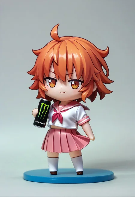 score_9, score_8_up, BREAK 1girl, fujimaru_ritsuka_(female),\(fate\), smirk, score_9, chibi, chibi girl, chibi inset, figure, small body, looking at you, standing, holding, monster energy, school uniform, serafuku, white shirt, pink sailor collar, short sleeves, pink skirt, pleated skirt, white thighhighs,