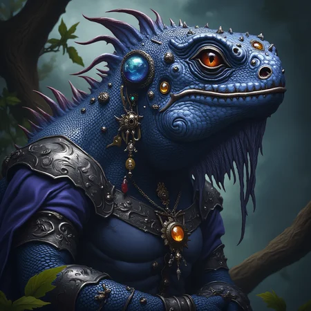 ArsMJStyle, dnddarkestfantasy, dark fantasy style, best quality, fantastical Iguana with whimsical elements, magical fairytale landscape, elaborate fantasy style art, onyx theme, intricate details, ultra sharp, exquisite detail, flawless composition, vivid colors, masterpiece, exciting background
