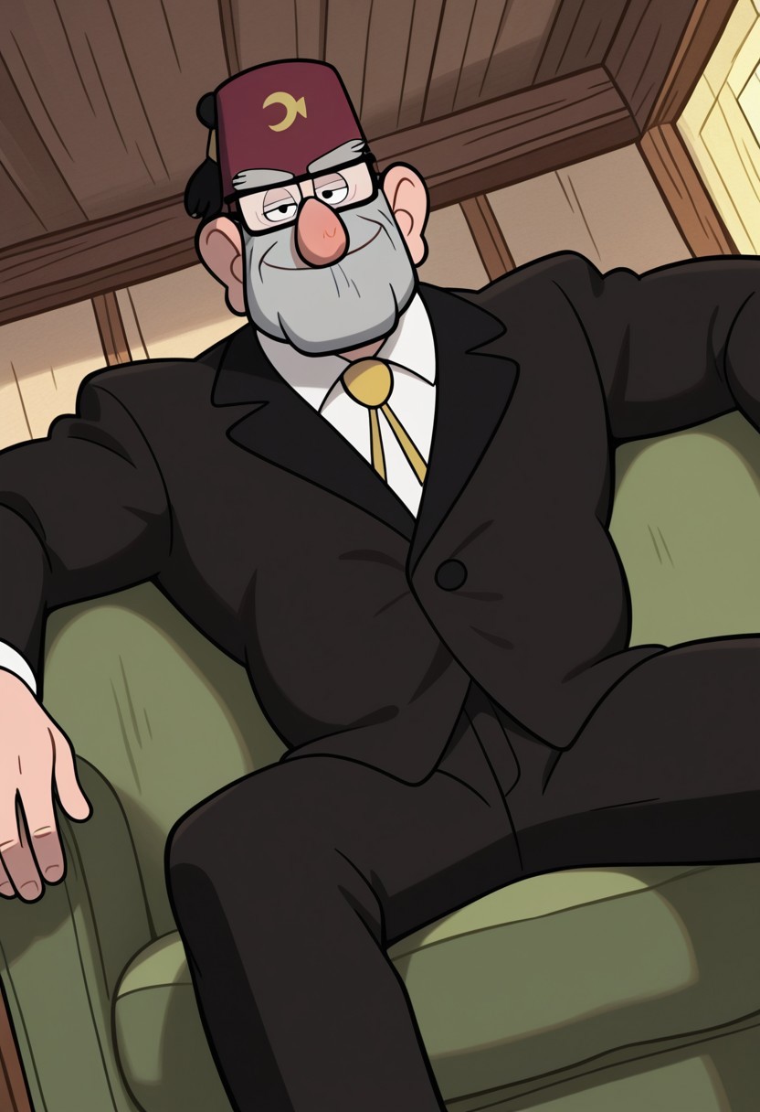 absurd res, Masterpiece, best quality, high quality, detailed, male, solo male, 1boy, StanleyPines, human, mature male, big nose, black eyes, gray hair, stubble, square jaw, square rim glasses, glasses, broad shoulders, hairy, five o’clock shadow, thick eyebrows, belly, old man, indoors, looking at viewer, sitting on couch, black suit, white shirt, bolo tie, maroon fez, eyepatch, living room, half body, hat, smile, gravity falls, friendly, angled view, dutch angle, cowboy shot