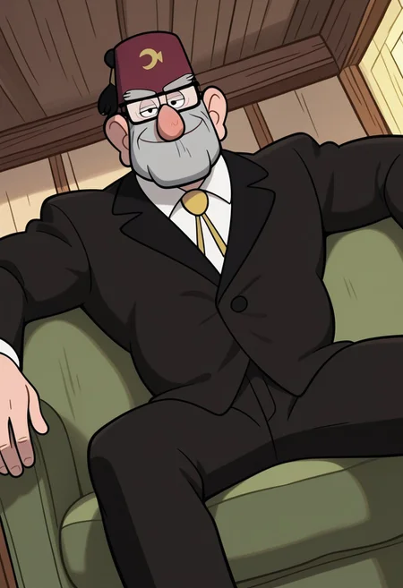 absurd res, Masterpiece, best quality, high quality, detailed, male, solo male, 1boy, StanleyPines, human, mature male, big nose, black eyes, gray hair, stubble, square jaw, square rim glasses, glasses, broad shoulders, hairy, five o’clock shadow, thick eyebrows, belly, old man, indoors, looking at viewer, sitting on couch, black suit, white shirt, bolo tie, maroon fez, eyepatch, living room, half body, hat, smile, gravity falls, friendly, angled view, dutch angle, cowboy shot