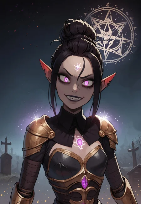 safe_pos, (masterpiece), highest quality, (close up), 1girl, sexy goth elf necromancer, elegant updo hair, perfect detailed eyes, glowing purple eyes, detailed face, slim, small breasts, dark demon armor, smug, (evil grin), (summoning the undead), (casting spell), (dynamic pose), magic particles, glowing particles, outdoors, night, moonlight, sinister graveyard, (magic skulls floating around), (armored skeleton warriors in background), detailed background