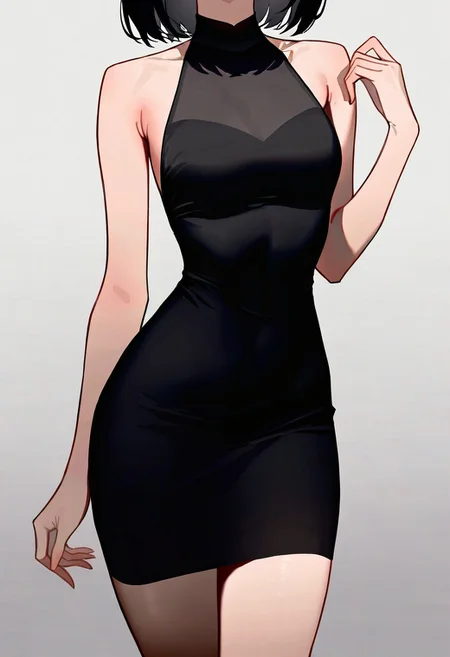 masterpiece, best quality, 32k, high resolution, absurdres, little black dress, collarbone, hand up, legs together, gradient background, narrow waist, armpit crease, halterneck, shoulder blades, looking at viewer, small breasts