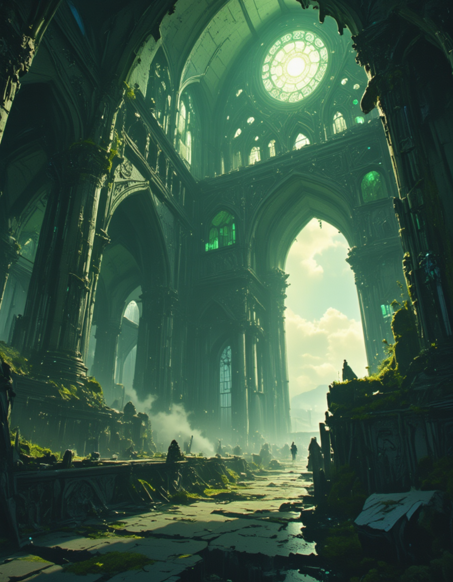 <lora:SW01v2-1flux:1>  sw01p, EFFD02, imagination, epic world, clouds, open jaw, breaking in, halos of light in the darkness of space, fire, EFFY01, epic scale chamber, medieval detailed architecture, detailed wall carvings, occult medieval ceremony, stained glass windows, bokeh, fantasy, T8 trees, green, blue, waves, ruins, T10, motion, spacecraft, cyberpunk city, mist, god rays, sunset, sea, mountain, the pyramids of egypt, ancient greek columns,