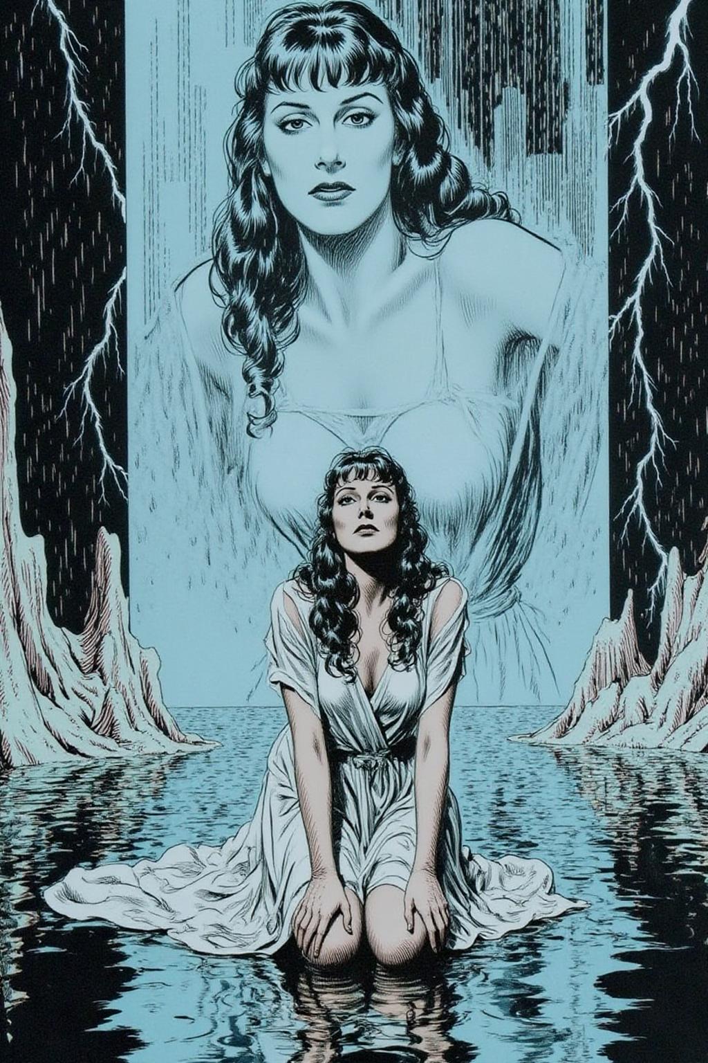 alexray1 drawing
Shot from the side, overhead shot of a surreal, scene featuring a woman with long, dark hair, kneeling on a reflective, wet surface under intense artificial rain and lightning. She wears a flowing, sheer, white dress, clinging to her as she gazes forward with an intense, almost sorrowful expression. Behind her, a massive digital screen displays a blurred, haunting image of the same woman, layered with flashes of lightning,  <lora:alexray1_nocap_d6a3:1.0><lora:815514139746284091:0>