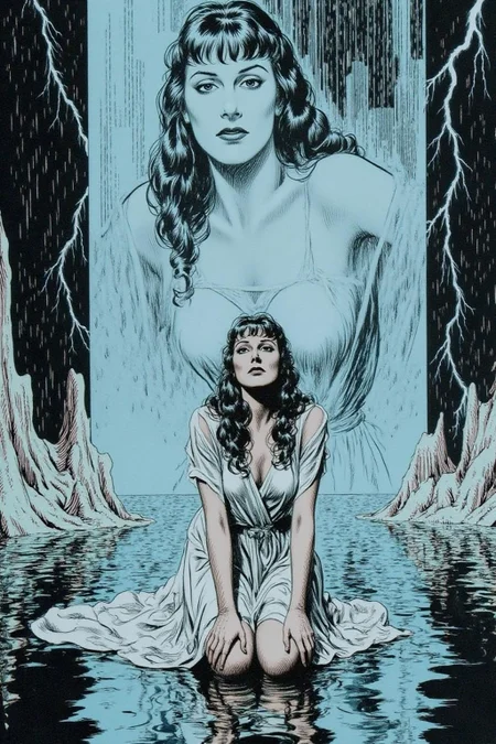 alexray1 drawing
Shot from the side, overhead shot of a surreal, scene featuring a woman with long, dark hair, kneeling on a reflective, wet surface under intense artificial rain and lightning. She wears a flowing, sheer, white dress, clinging to her as she gazes forward with an intense, almost sorrowful expression. Behind her, a massive digital screen displays a blurred, haunting image of the same woman, layered with flashes of lightning, <lora:alexray1_nocap_d6a3:1.0><lora:815514139746284091:0>