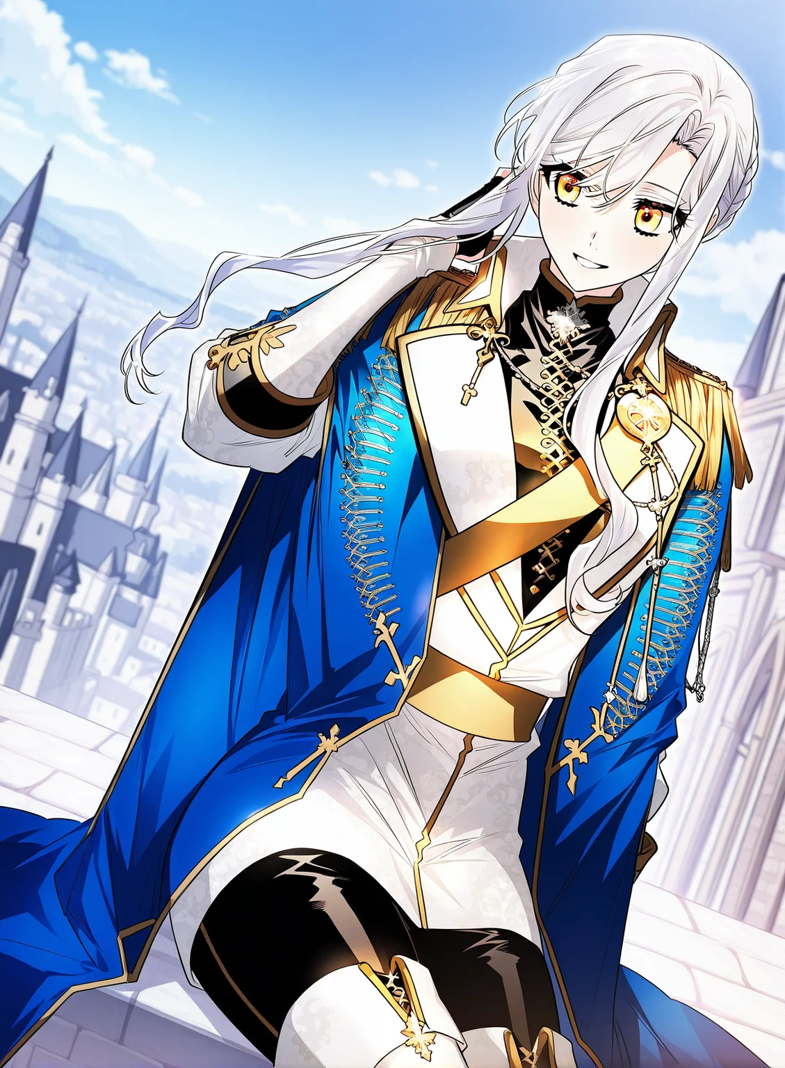 <lora:Sigrid__Sigrid__Illustrious v2:1>
Sigrid, 1girl, solo, masterpiece, best quality, beautiful female knight, long braided white hair, golden eyes, slim athletic body,
sigrid_royal_ceremonial_uniform, wearing a black and white royal ceremonial uniform with gold decorations, royal blue cape with golden embroidery, white thigh-high boots, ornate silver brooch, black pants
score_9, score_8_up, score_7_up, very aesthetic, source_anime, detailed, high quality, beautiful, masterpiece, detailed eyes, castle, village, blurry background, cityscape, pose dynamic angle, light smile, open mouth, hand on hair, sitting