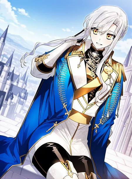 <lora:Sigrid__Sigrid__Illustrious v2:1>
Sigrid, 1girl, solo, masterpiece, best quality, beautiful female knight, long braided white hair, golden eyes, slim athletic body,
sigrid_royal_ceremonial_uniform, wearing a black and white royal ceremonial uniform with gold decorations, royal blue cape with golden embroidery, white thigh-high boots, ornate silver brooch, black pants
score_9, score_8_up, score_7_up, very aesthetic, source_anime, detailed, high quality, beautiful, masterpiece, detailed eyes, castle, village, blurry background, cityscape, pose dynamic angle, light smile, open mouth, hand on hair, sitting