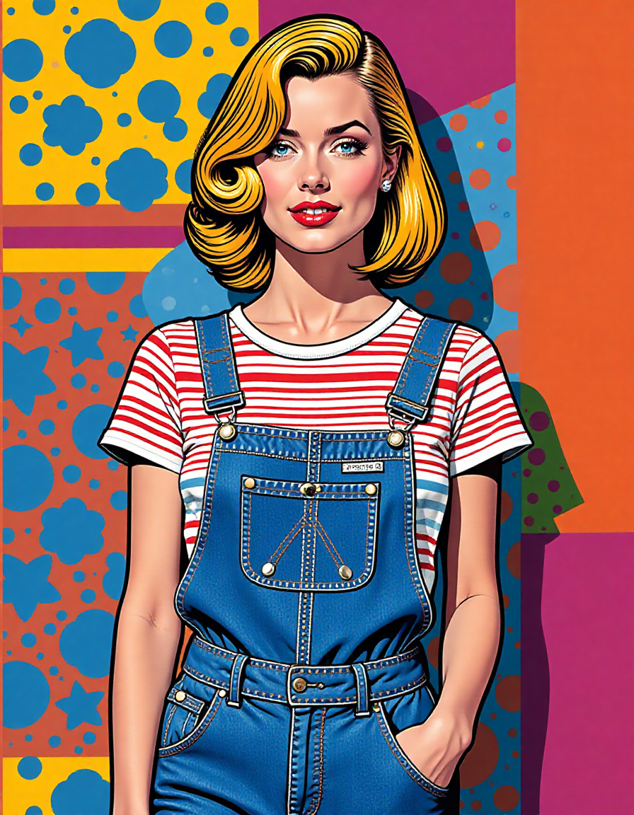 p0p_r0y, roy lichtenstein art, pop art, woman wearing Dungarees and striped tee, masterpiece, 8k, high resolution, shallow depth of field, sharp focus