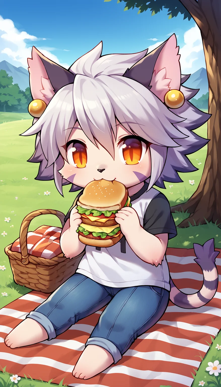 score_8_up, score_7_up, score_6_up, vivid colors, anime screenshot, source_anime
BREAK
<lora:ElhPDXL:1> elh, 1girl, solo, furry female, cat girl, full body, (chibi:0.7), sitting, picnic blanket, eating, holding food, sandwich, mouth full, chewing, :t, red eyes, orange eyes, body fur, t-shirt, short sleeves, jeans, barefoot, cat ears, white hair, short hair, earrings, facial mark, animal nose, striped tail, picnic, picnic basket, grass, flower, tree, blue sky, cloud