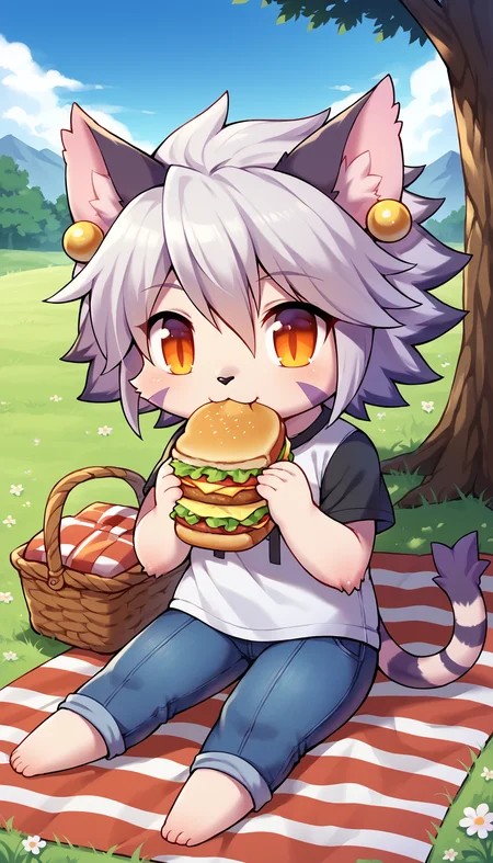 score_8_up, score_7_up, score_6_up, vivid colors, anime screenshot, source_anime
BREAK
<lora:ElhPDXL:1> elh, 1girl, solo, furry female, cat girl, full body, (chibi:0.7), sitting, picnic blanket, eating, holding food, sandwich, mouth full, chewing, :t, red eyes, orange eyes, body fur, t-shirt, short sleeves, jeans, barefoot, cat ears, white hair, short hair, earrings, facial mark, animal nose, striped tail, picnic, picnic basket, grass, flower, tree, blue sky, cloud