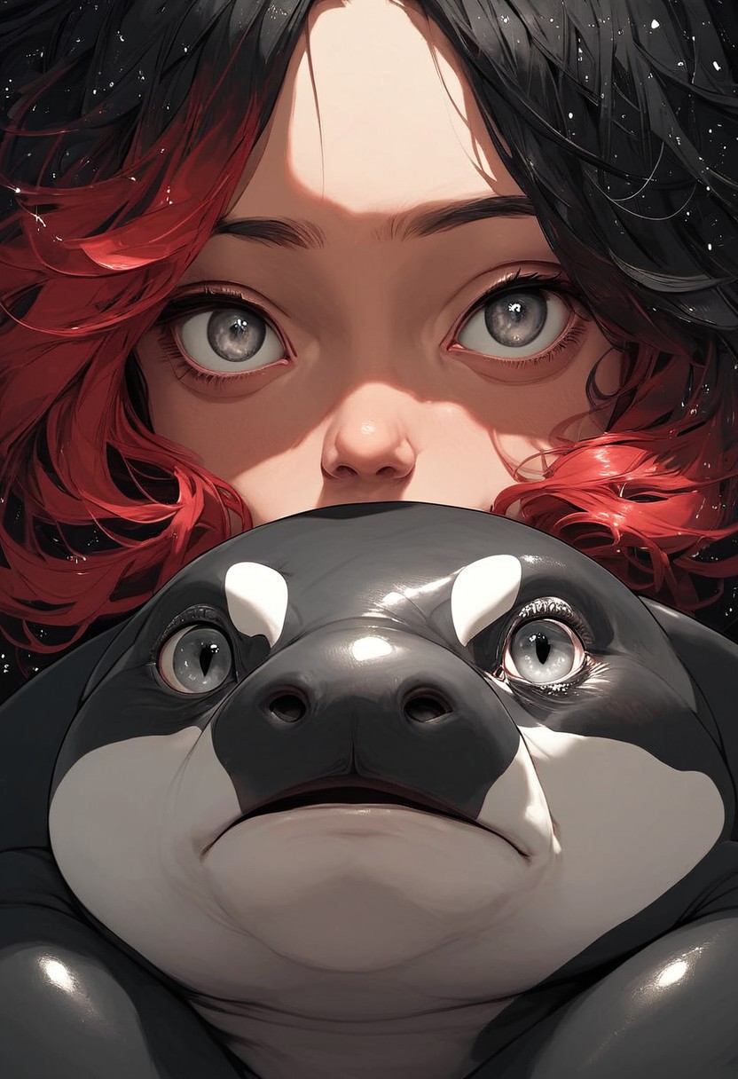 score_9, score_8_up, score_7_up, score_6_up, score_5_up, score_4_up,  male and a orca, (black star:1.2), girl has light red hair and gray eyes, small eyes, galaxy, black background