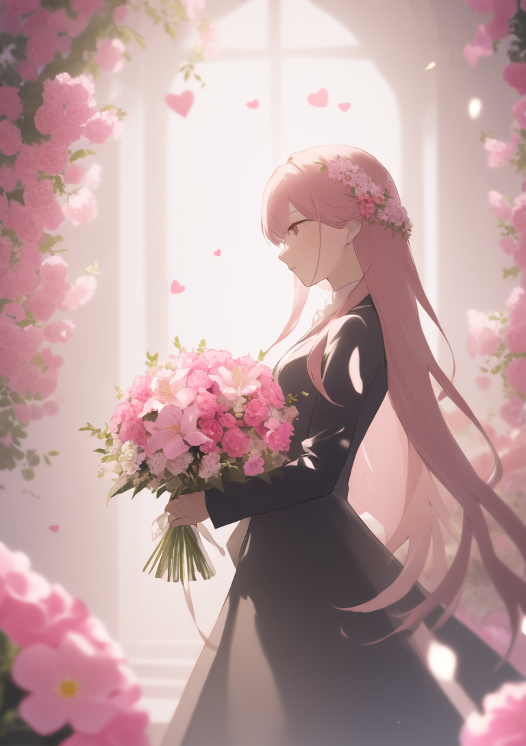 <lora:AGM-SXL-000003:1>, AGM_style, 1girl, solo, flowers, long hair, pink flowers in the background, shiny hair, flower bouquet, tone mapped, high contrast, strings, love