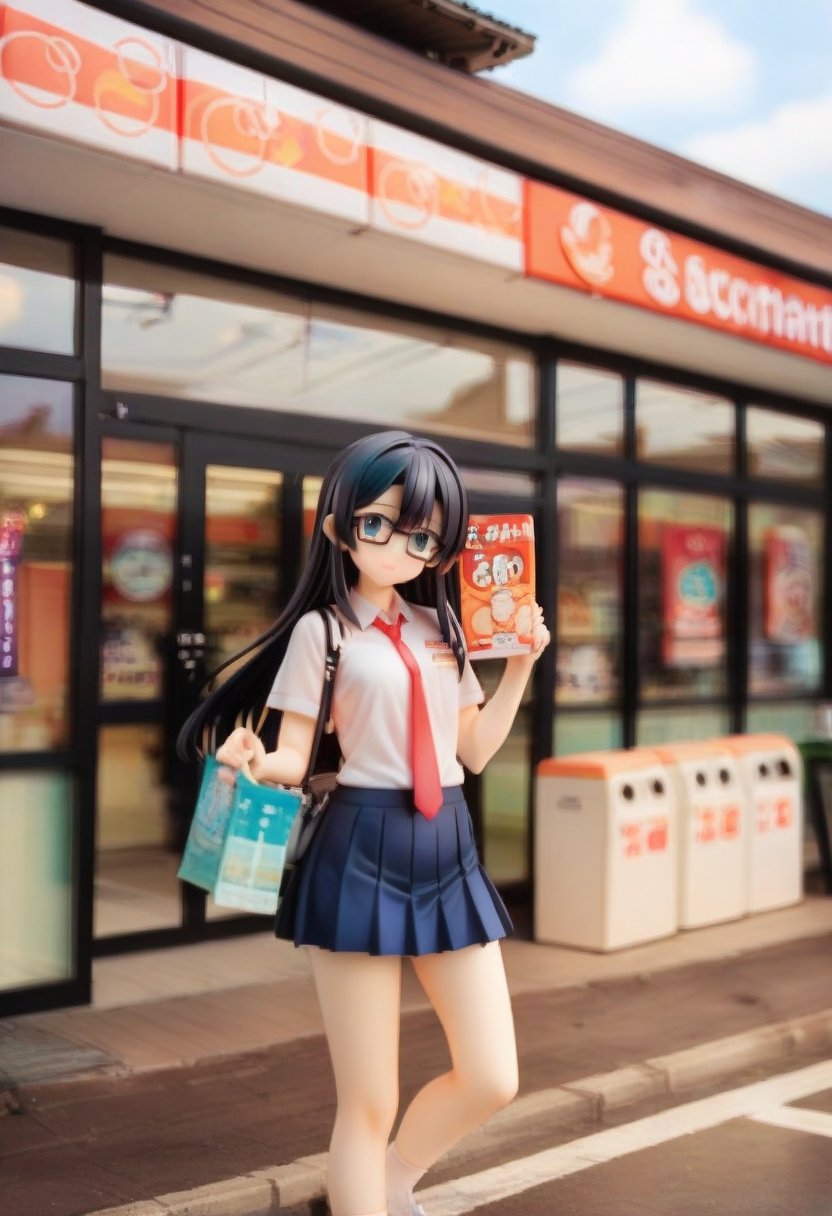 score_9, score_8_up, score_7_up, rating_safe, masterpiece, best quality, absurdres, unity 8k wallpaper, official art, official style, source_anime, uncensored, game cg, megami magazine,
1girl, solo, glasses, black hair, long hair, blue eyes, collared shirt, red necktie, pleated skirt, blue skirt, looking at viewer, blush, 
secoma, konbini, scenery, storefront, japan, scenery, shop, convenience store, road, outdoors, street, storefront, sign, shadow
 <lora:seicomart_storefront_PONY_V1:1>