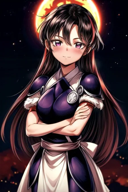 best quality 1girl Setsun4 solo long hair, (night time) forest background black hair very long hair purple eyes multicolored hair armor, small, (fur trim) (medium body),<lora:EMS-179-EMS:0.800000>,<lora:EMS-293862-EMS:0.800000> bow, hair_bow, hair_tubes, red_bow, brown_hair, long_hair, bangs, ascot, frilled_bow, yellow_ascot, blush, smile, hair_between_eyes, athletic, armor, miko, strengthmda, crossed arms, Smiling, happy