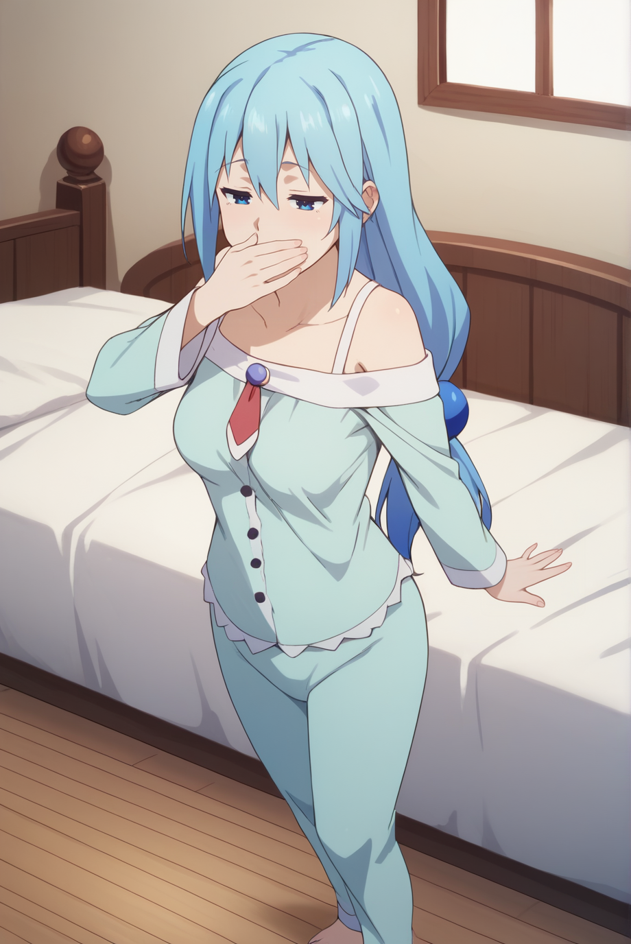 score_9, score_8_up, score_7_up, score_6_up, score_5_up, score_4_up, BREAK source_anime, 1girl, solo,
<lora:AquaXL-v1-07:0.7>, ChopioAqua, blue hair, long hair, very long hair, hair ornament, hair between eyes, blue eyes, 
mature female, (thick thighs:0.8), medium breasts,
low ponytail,
outfit_2, blue pajamas, strap, off-shoulder, red necktie, blue gem, buttons, blue pajama bottoms,
bedroom, bed, fantasy, wooden floor,
standing, yawning, half-closed eyes, covering mouth,  open mouth, stretching,
