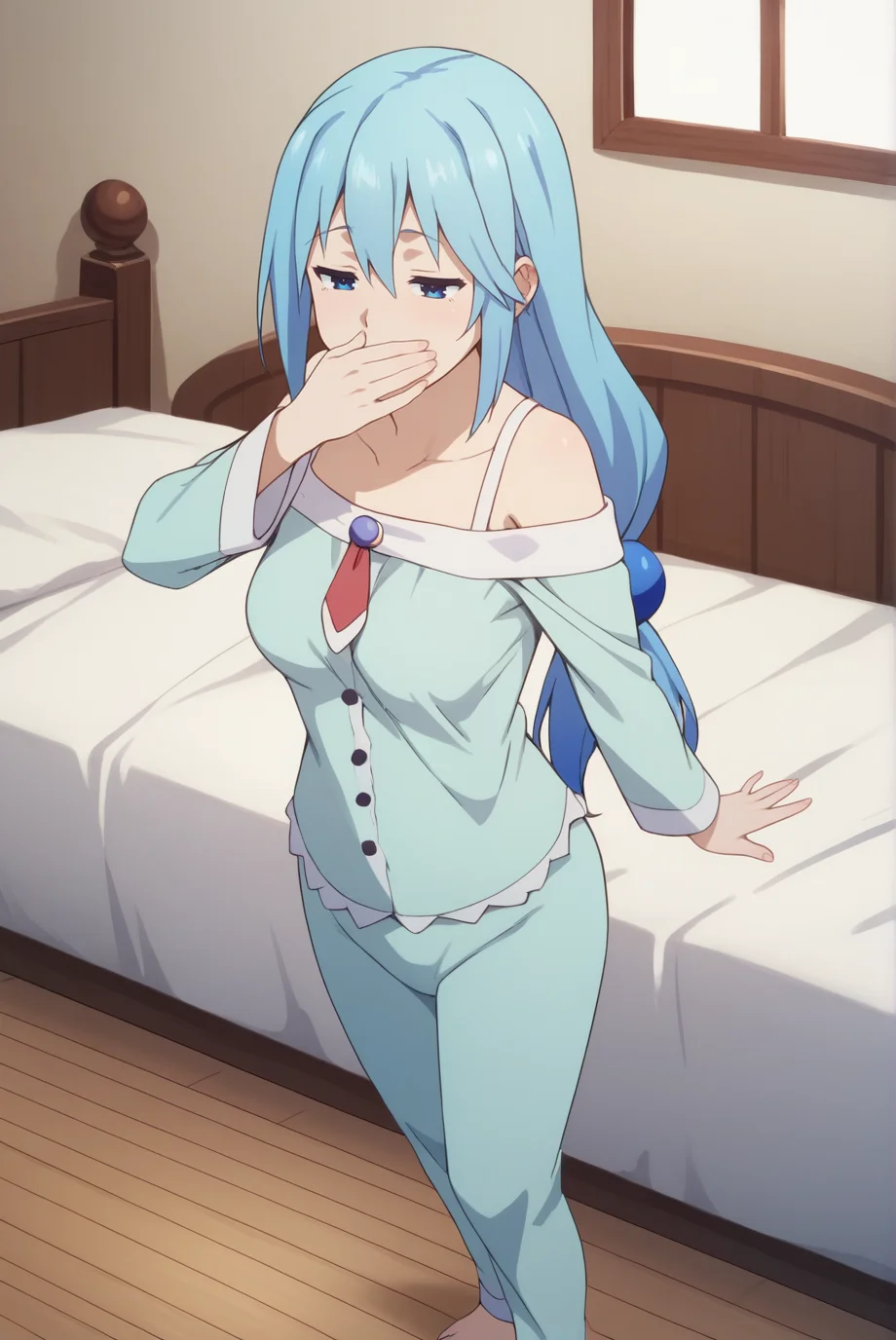 score_9, score_8_up, score_7_up, score_6_up, score_5_up, score_4_up, BREAK source_anime, 1girl, solo,
<lora:AquaXL-v1-07:0.7>, ChopioAqua, blue hair, long hair, very long hair, hair ornament, hair between eyes, blue eyes, 
mature female, (thick thighs:0.8), medium breasts,
low ponytail,
outfit_2, blue pajamas, strap, off-shoulder, red necktie, blue gem, buttons, blue pajama bottoms,
bedroom, bed, fantasy, wooden floor,
standing, yawning, half-closed eyes, covering mouth,  open mouth, stretching,