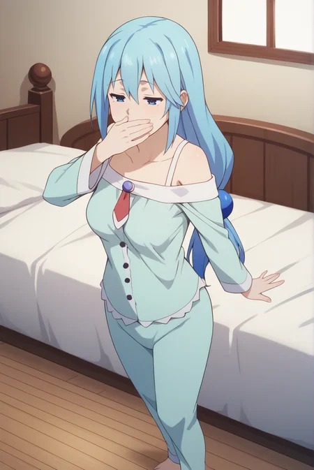 score_9, score_8_up, score_7_up, score_6_up, score_5_up, score_4_up, BREAK source_anime, 1girl, solo,
<lora:AquaXL-v1-07:0.7>, ChopioAqua, blue hair, long hair, very long hair, hair ornament, hair between eyes, blue eyes, 
mature female, (thick thighs:0.8), medium breasts,
low ponytail,
outfit_2, blue pajamas, strap, off-shoulder, red necktie, blue gem, buttons, blue pajama bottoms,
bedroom, bed, fantasy, wooden floor,
standing, yawning, half-closed eyes, covering mouth,  open mouth, stretching,