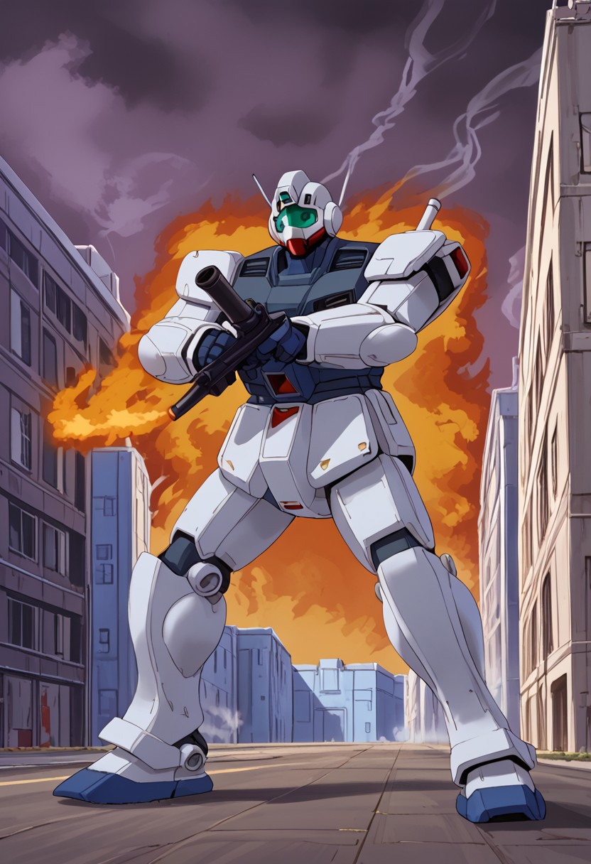 score_9, score_8_up, score_7_up, source_anime, cowboy shot, front view, BREAK, ( gm_cold_districts_type, blue gm, attack stance, rifle, standing, 2 mechs, blue mech, mech focus, solo, BREAK, buildings, pylons, smoke fire in background,