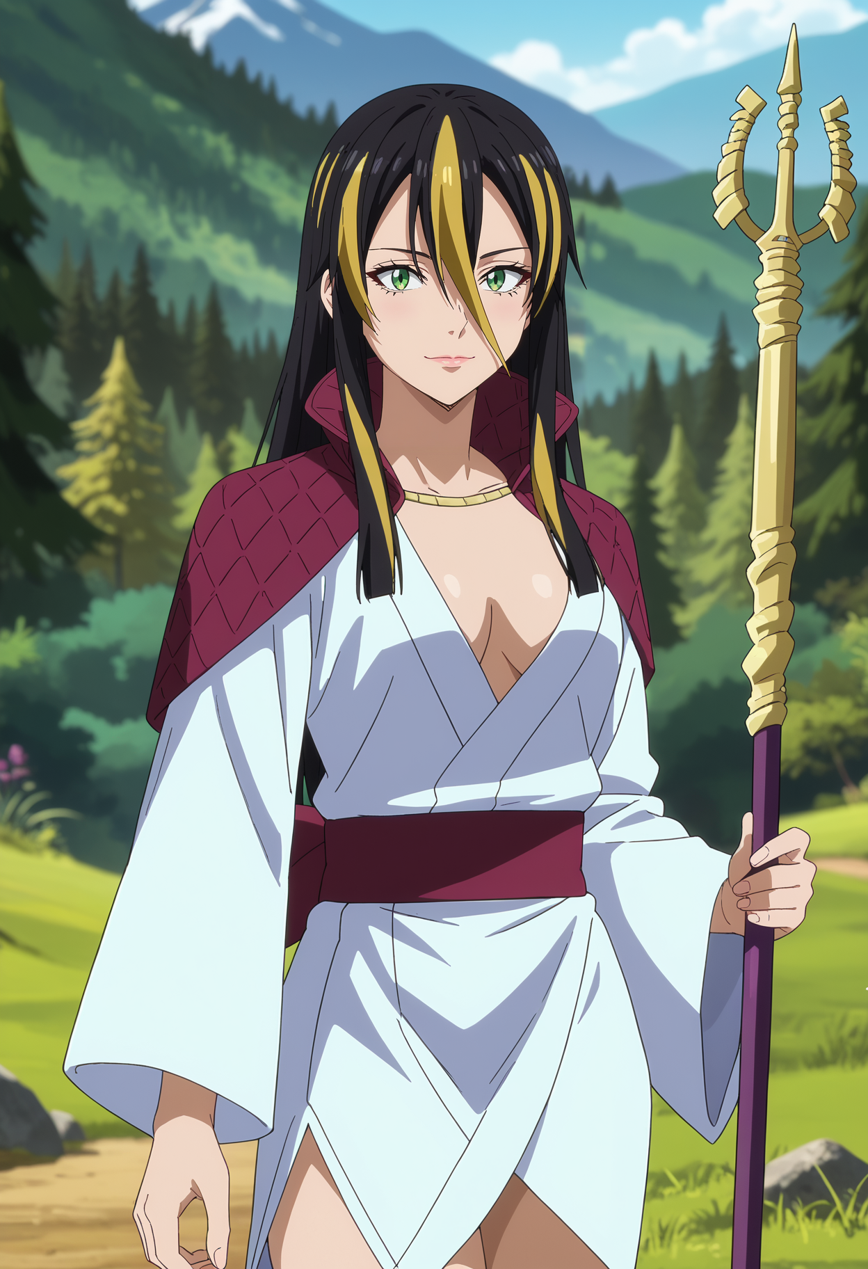 score_7_up, anime screencap,
<lora:TenSura_AlbisXL:0.9>, AlbisTS,
1girl, solo, closed mouth, light smile,
long hair, hair between eyes, streaked hair, black hair, blonde hair, green eyes,
violet capelet, high collar, short kimono, white kimono, violet sash, cleavage,
holding, staff,
looking at viewer, cowboy shot, thigh gap,
blurry background, outdoors, mountains, scenery, forest, blue sky