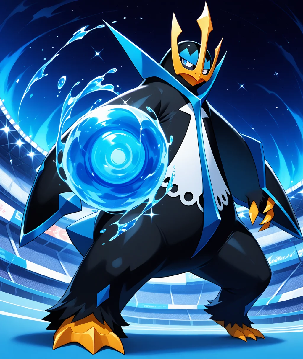 masterpiece, dreamlike atmosphere, vibrant, detailed, absurdres, highres, amazing_quality, best quality, BREAK <lora:empoleon-illus-15:0.9> pempo, 1other, pinguin_boy, (empoleon), (solo, alone), hydrokinesis, fighting stance, stadium, glowing,
