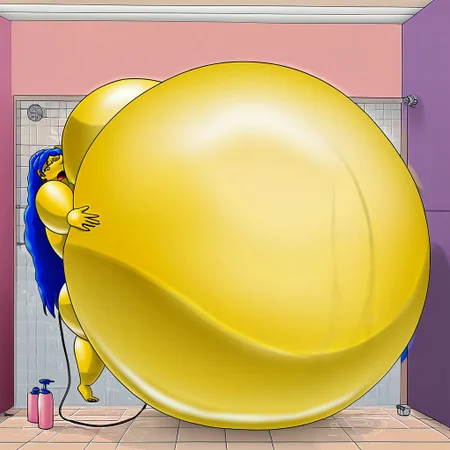 belly size bigger than main body)), (gigantic belly:2.0), goddess, shower, bathroom, cute, nervous, shy, heavy breathing, in heat, open mouth, aroused, hands on belly, hose leading into butt from air pump on ground, huge Belly press on mirror, marge simpson, blue hair, yellow skin