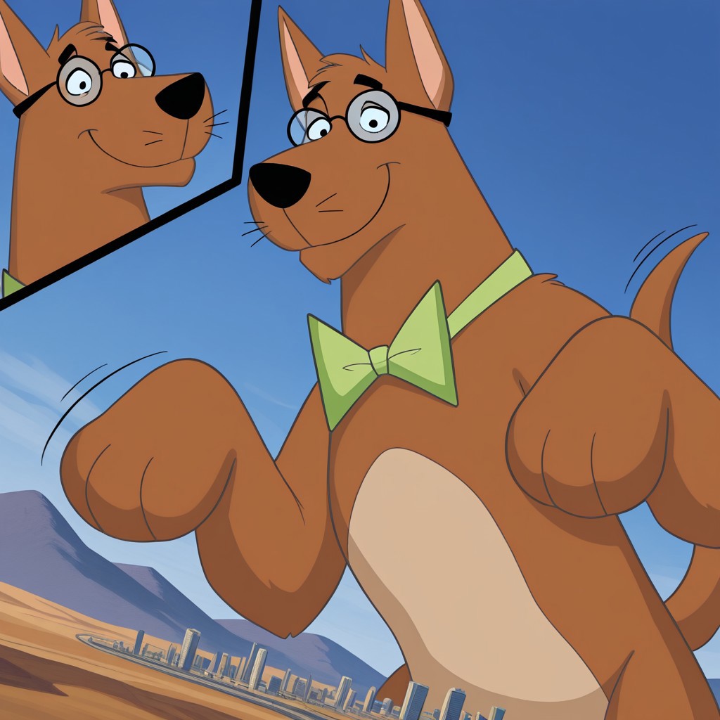score_9, score_8_up, score_7_up, score_6_up, (source_furry), BREAK, high quality, detailed, best quality, amazing quality, 1boy,solo, furry male, anthro, Juniorsfather, furry, pointy ears, feral, canine, dog, black nose, brown body, brown fur,body fur,detailed cityscape, taking up the whole screen, newest, highres, masterpiece, extreme detail, giantess, male, landscape dwarfing,standing,impact, growth lines,close-up, looking down at viewer, smug, beige belly, sky, blue sky, day, tail, glasses, green bowtie, big paws, desert