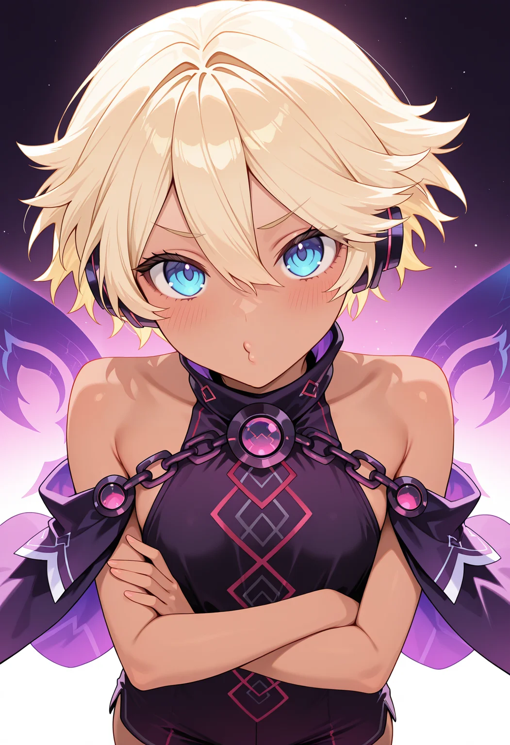 highres, best quality, masterpiece,
1girl, npcroire, short hair, blonde hair, blue eyes, dark skin, headphones,
purple dress, black dress, print dress, chain, sleeveless dress, detached sleeves, fairy wings, two-sided cape, purple cape, black cape,
looking at viewer, blush, o3o, lips,
crossed arms, from above, shorts,
<lora:_croire_nep-elesico-ilxl_1:1>