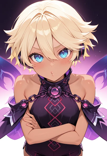 highres, best quality, masterpiece,
1girl, npcroire, short hair, blonde hair, blue eyes, dark skin, headphones,
purple dress, black dress, print dress, chain, sleeveless dress, detached sleeves, fairy wings, two-sided cape, purple cape, black cape,
looking at viewer, blush, o3o, lips,
crossed arms, from above, shorts,
<lora:_croire_nep-elesico-ilxl_1:1>