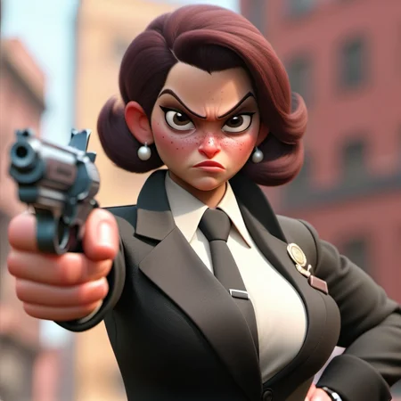 a female mafia pointing a gun to camera,  city background  <lora:SamaritanEsdxl:0.7>
