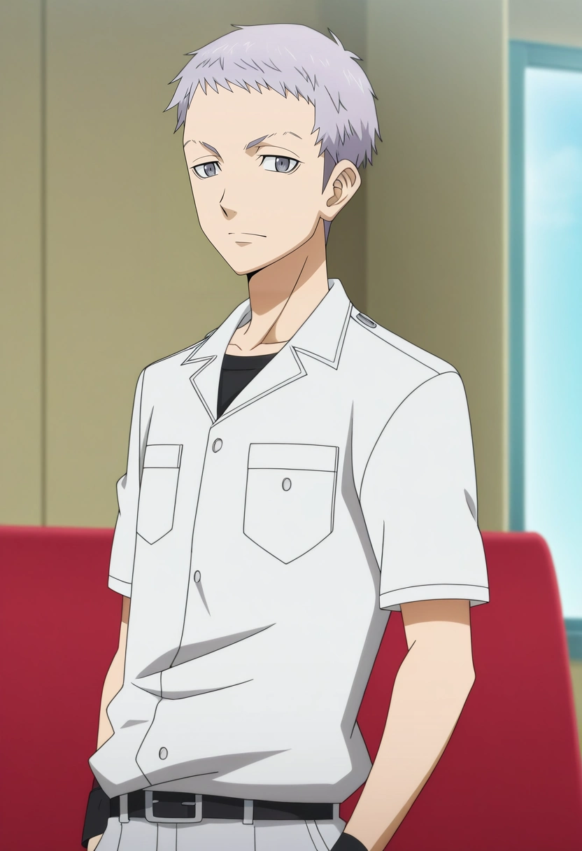 masterpiece, best quality, anime screencap, official style, anime coloring, cowboy shot, 1boy, solo, male focus, <lora:takashi_mitsuya_ilxl:1>, takashi_mitsuya, grey hair, grey eyes, short hair, , ,
