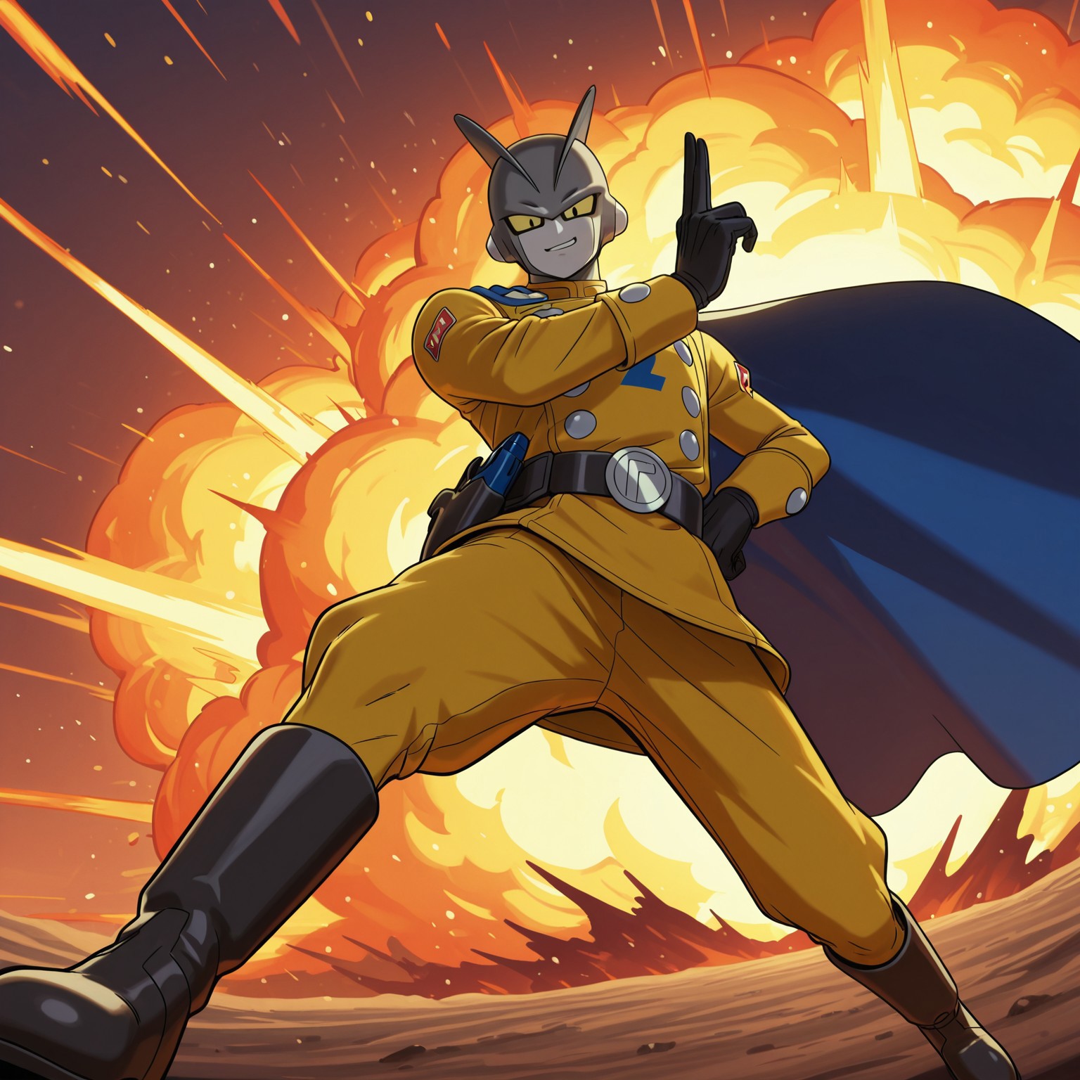 1boy, 2d, solo, DBSGamma2, male, android, humanoid, dark gray skin, light gray skin, two tone skin, yellow sclera, black pupils, two fins on head, Yellow uniform, yellow pants, long sleeves, black gloves, black boots, blue cape, gray buttons, belt, belt buckle, gun holster 

BREAK cool pose, looking at viewer, confident expression, epic explosion in the background, outside, smirk

BREAK best quality, amazing quality, very aesthetic, absurdres, newest, masterpiece, high quality, highres