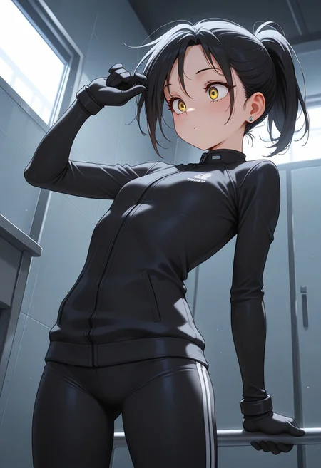 masterpiece, best quality, amazing quality, 

KHA_two, ponytail, yellow eyes, black hair, black sportswear, black gloves, earrings